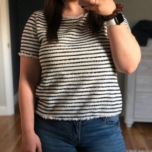 White and blue striped top